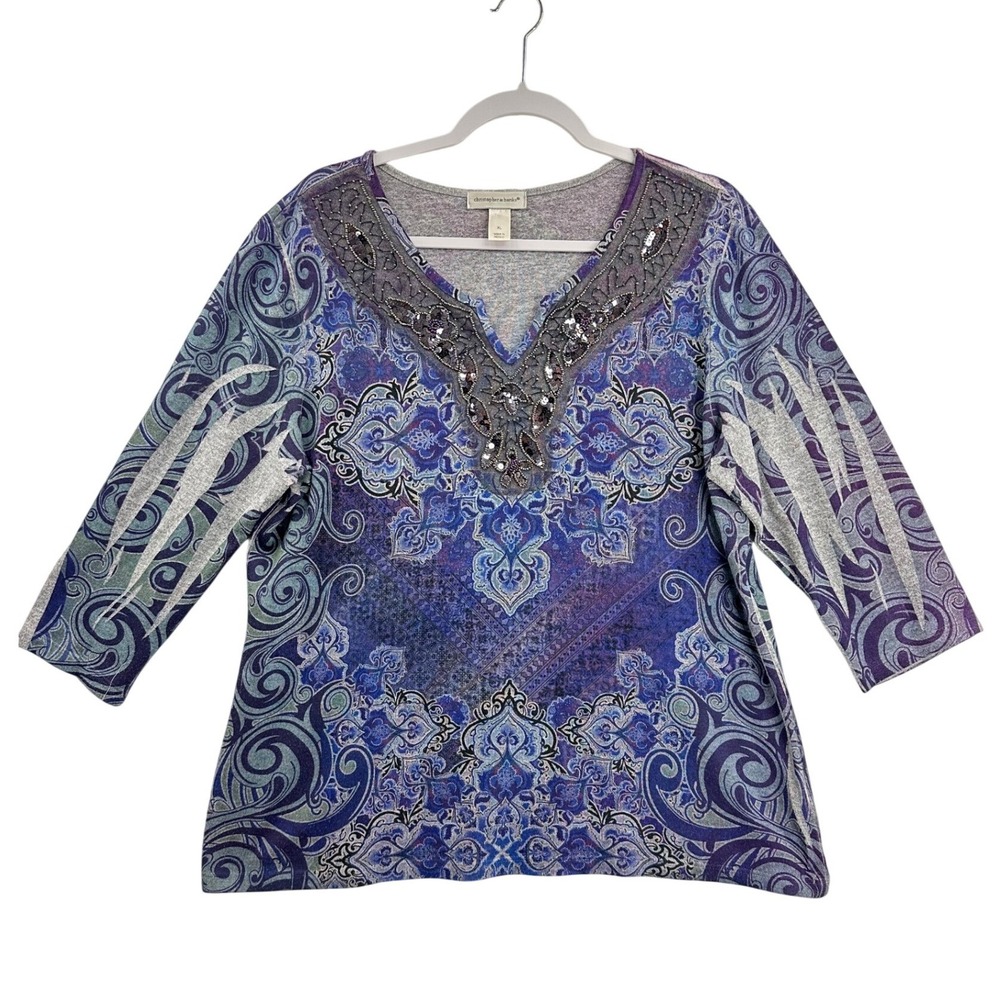 Christopher & Banks Women's‎ XL Paisley Print V Neck Top Sequins Embellished